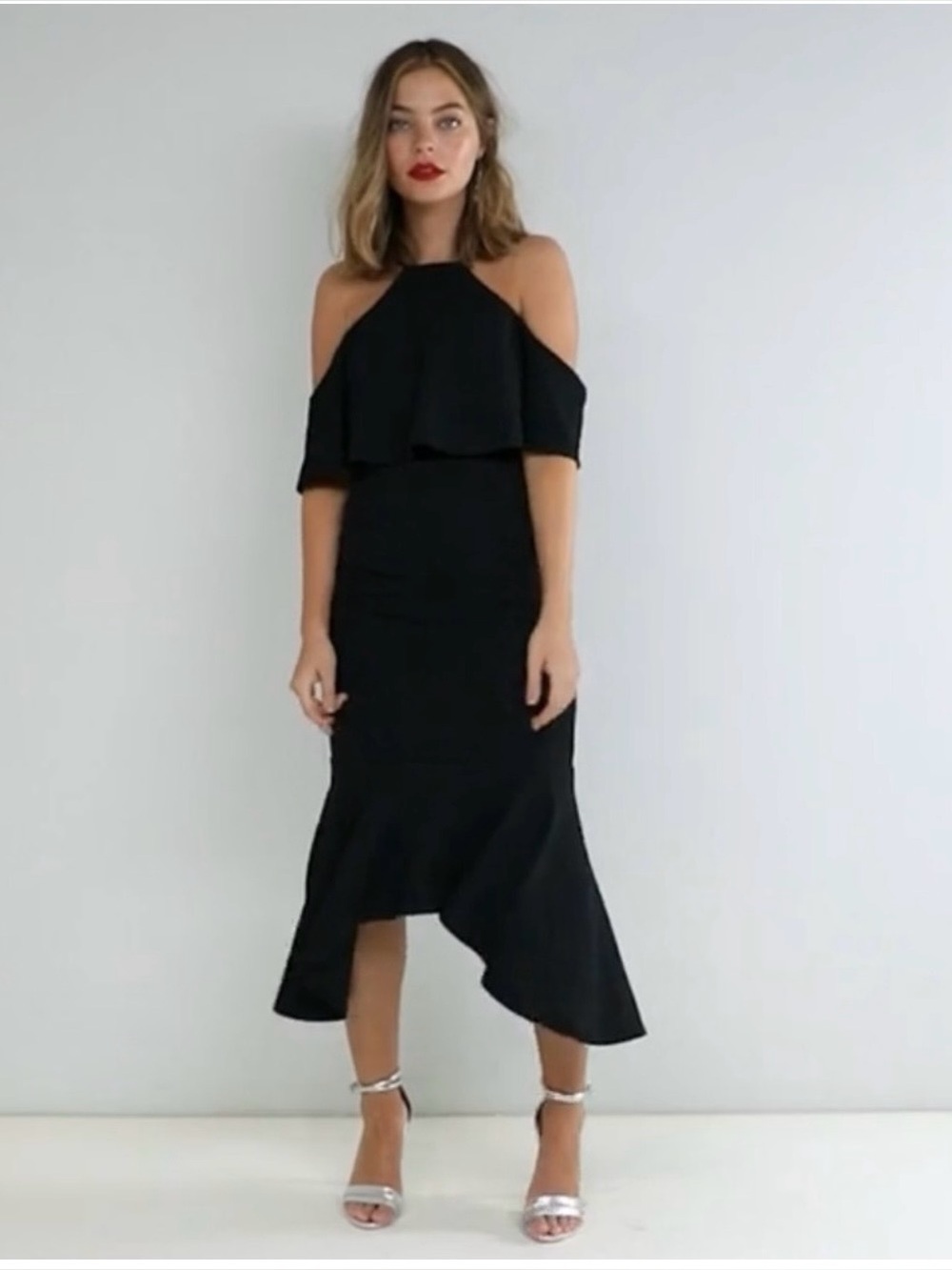 ASOS Women’s Black Cold-Shoulder Ruffle Asymmetric Pephem Midi Dress Size 14 - Picture 10 of 12